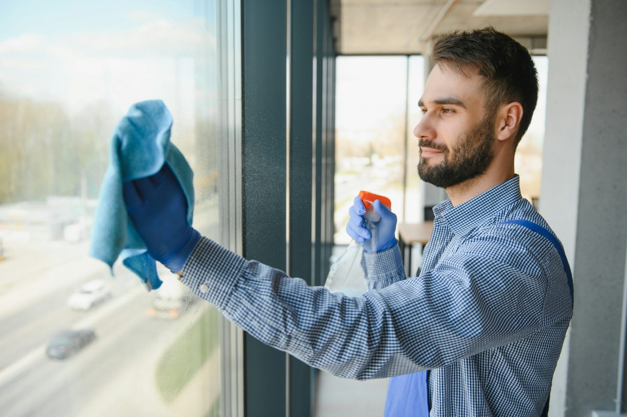 Young man cleaning window in office